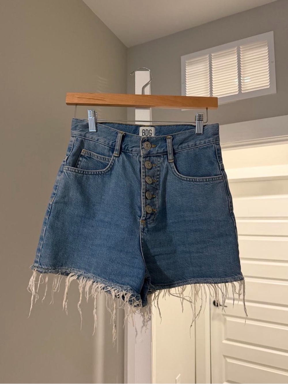 BDG Urban Outfitters Distressed High-Rise Button-Fly Denim Shorts in Medium Blue